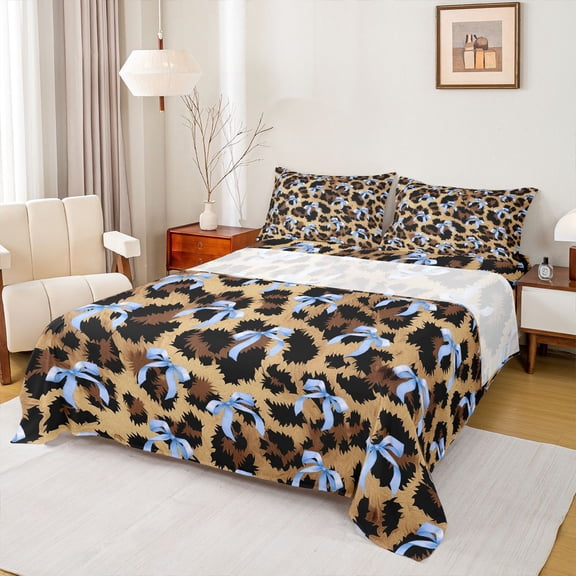 jejeloiu Kawaii Bow Tie Bed Sheets,Retro Leopard Cheetah Hide King Sheets,Blue Brown Sheet Set For Adults,Microfiber Bedroom Decor,4pcs