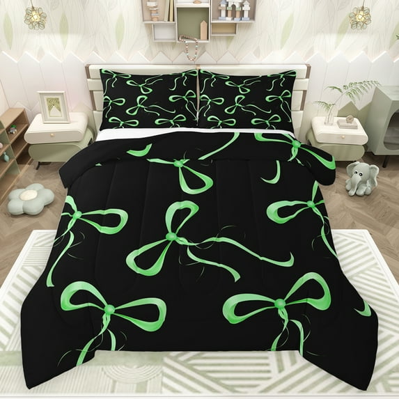 jejeloiu Kawaii Bow Tie Bedding Comforter Set,Cartoon Cute Bowknot Twin Comforter Sets,Green Black Bedding Set For Girls Teens,Luxury Bedroom Decor Reversible,2-Piece