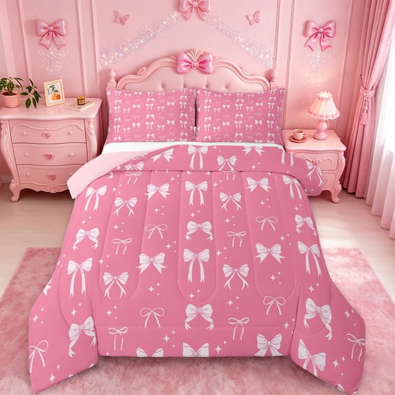jejeloiu Kawaii Bow Tie Full Size Comforter Sets,Cartoon Stars Print Bedding Sets For Girls Teens Reversible 3pcs