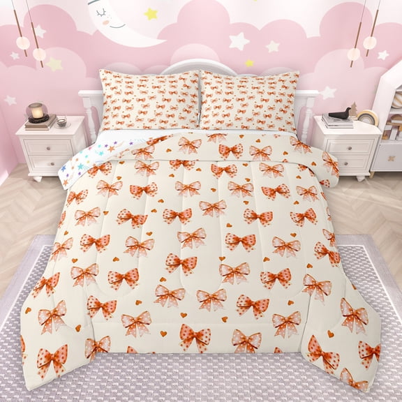 jejeloiu Kawaii Bow Tie Full Size Comforter Sets,Geomatric Polka Dots Bedding Comforter Set,Orange Cute Bowknot Bedding Sets For Girls Boys,Luxury Bedroom Decor Reversible,3-Piece