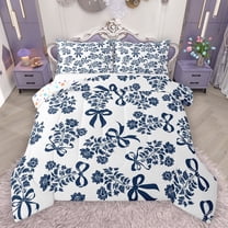 jejeloiu Kawaii Bow Tie Full Size Comforter Sets,Rustic Flowers Floral Bedding Comforter Set,Deepblue White Bedding Sets For Teens,Luxury Bedroom Decor Reversible,3-Piece