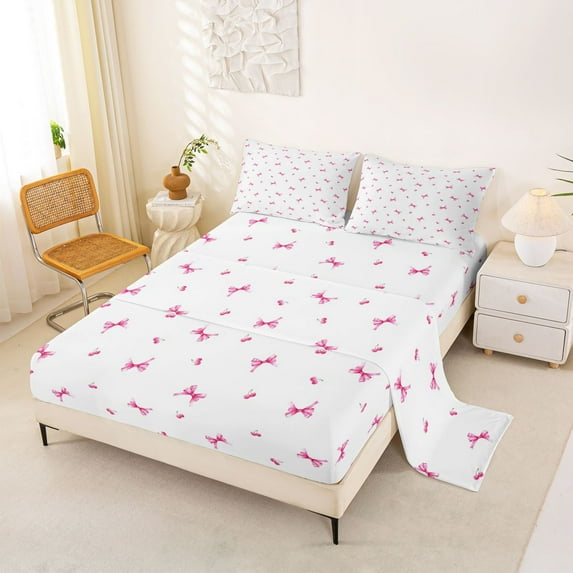 jejeloiu Kawaii Bow Tie Full Size Sheets,White Pink Bed Sheets For Girls Teens 4 Pieces