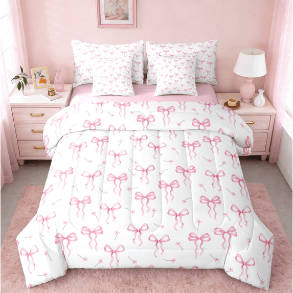 jejeloiu Kawaii Bow Twin Bedding Sets 7-Piece,Girls Bow Knot Bedding Comforter Set,Pink White Flower Sheet Sets For Child,Breathable Bedroom Decorative Reversible