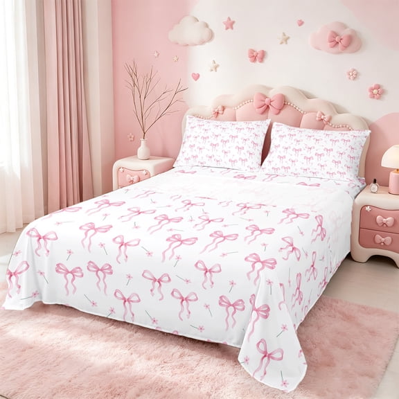 jejeloiu Kawaii Bow Twin Sheet Sets,Girls Bow Knot Twin Fitted Sheet,Pink White Flower Flat Sheet For Child,Breathable Bedroom Decorative,3 Pieces