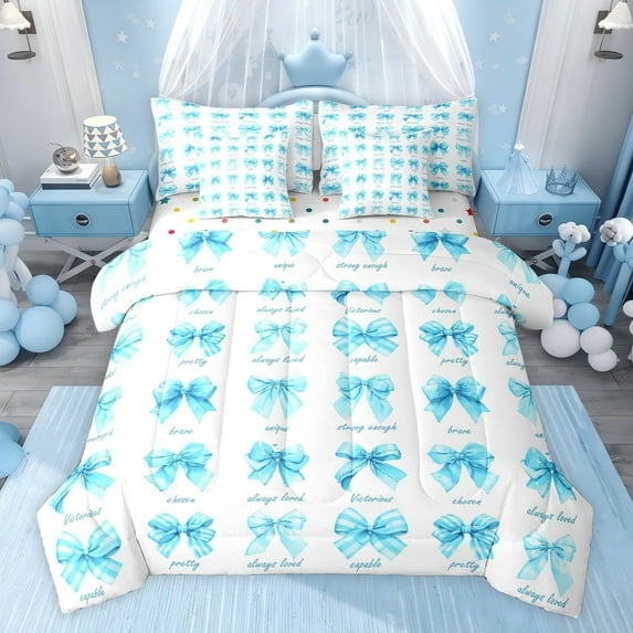 jejeloiu Kawaii Bowknot 7 Pieces Bedding Comforter Set,Cyan Cute Bow Full Bedding Set For Girls Teens Reversible