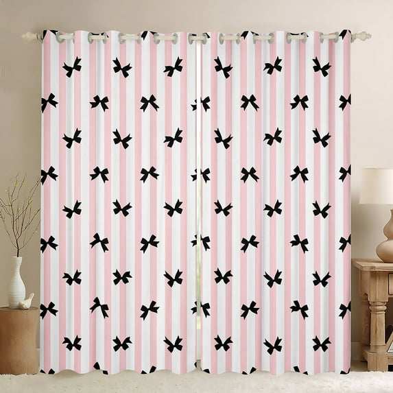 jejeloiu Kawaii Bowknot Blackout Curtains Set of 2 (38x54 Each),Cartoon Bowtie Bow Curtains and Drapes,Pink Geometric Stripes Living Room Curtains For Girl,Breathable Home Decor