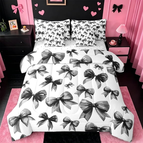 jejeloiu Kawaii Bowknot Bow 7 Pieces Bedding Comforter Set,Chic Ribbon Bowtie Full Bedding Set,White Black Fitted Sheet Flat Sheet For Girl Breathable Home Decor Reversible