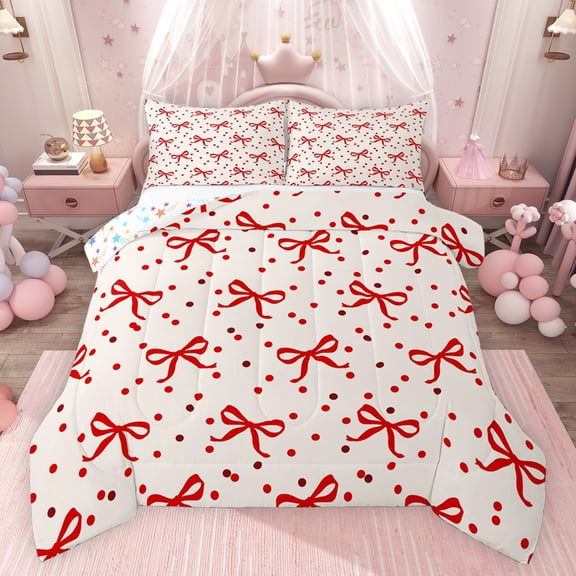 jejeloiu Kawaii Bowknot Bow Bedding Comforter Set,Chic Ribbon Bowtie Twin Comforter Sets,Red Polka Dot Bedding Set For Girl Breathable Home Decor Reversible,2pcs