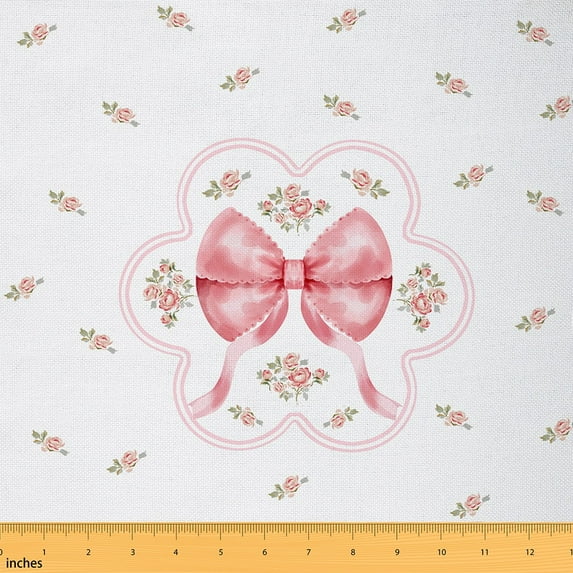 jejeloiu Kawaii Bowknot Bow Fabric by the Yard 1 Yard,Rustic Flower Floral Home Decor Fabric by the Yard,Pink White Sewing Fabric For Teens,Microfiber Bedroom Decor