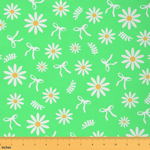 jejeloiu Kawaii Bowknot Bow Fabric by the Yard 5 Yards,Rustic Flower Floral Fabric for Sewing,Green White Daisy Home Decor Fabric by the Yard For Teens,Microfiber Bedroom Decor