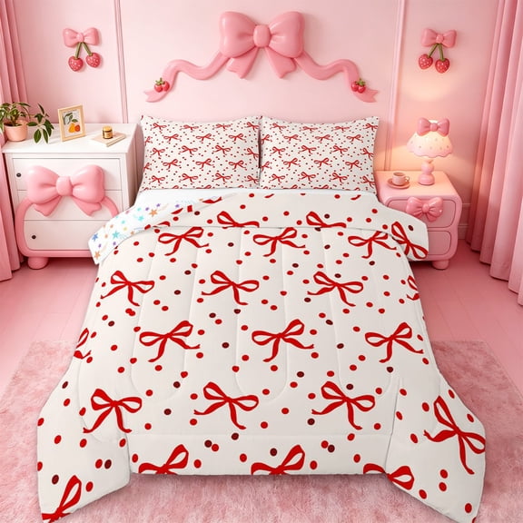 jejeloiu Kawaii Bowknot Bow Full Size Comforter Sets,Chic Ribbon Bowtie Bedding Comforter Set,Red Polka Dot Bedding Sets For Girl Breathable Home Decor Reversible,3-Piece
