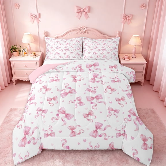 jejeloiu Kawaii Bowknot Bow Twin Comforter Sets,White Pink Bedding Set For Girls Teens Reversible 2-Piece