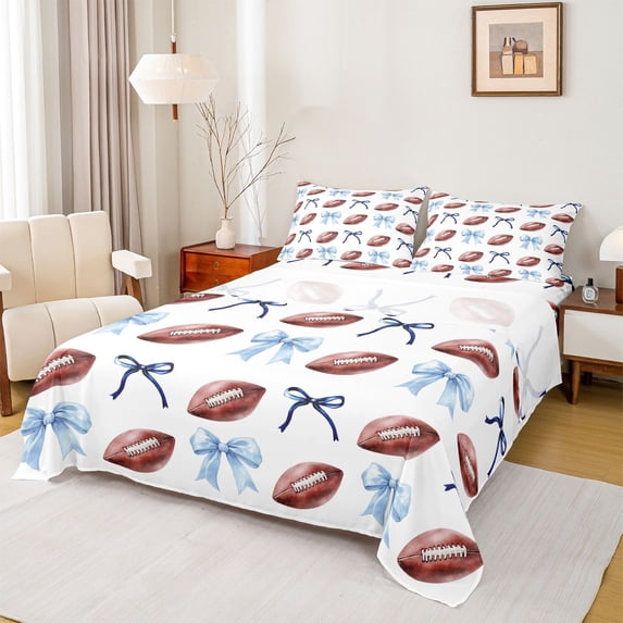 jejeloiu Kawaii Bowknot Bows Queen Sheet Sets,Rugby Ball Game Bed Set For Girls Women 4pcs