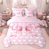 jejeloiu Kawaii Bowknot Hearts 7-Piece Twin Bedding Sets,Girls Cute Bowtie Bedding Comforter Set For Girls Women Reversible