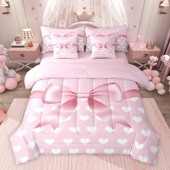 jejeloiu Kawaii Bowknot Hearts 7-Piece Twin Bedding Sets,Girls Cute Bowtie Bedding Comforter Set For Girls Women Reversible