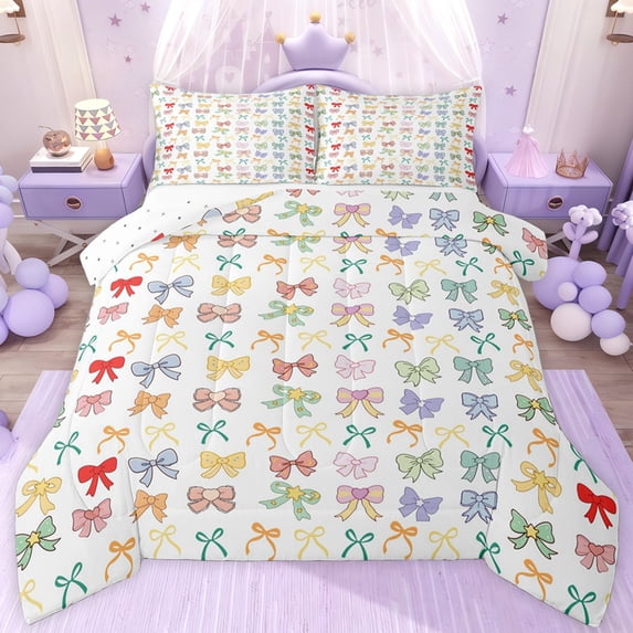 jejeloiu Kawaii Bowknot Ribbon Twin Comforter Sets,Colorful Cute Bow Bedding Set For Girls Teens Reversible 2-Piece