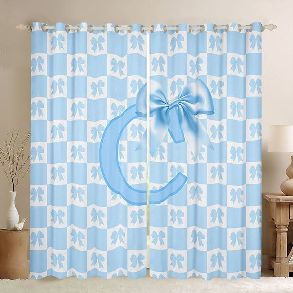 jejeloiu Kawaii Bows Blackout Curtains Set of 2 (52x84 Each),Blue Letter C Window Curtains For Bowtie Girls