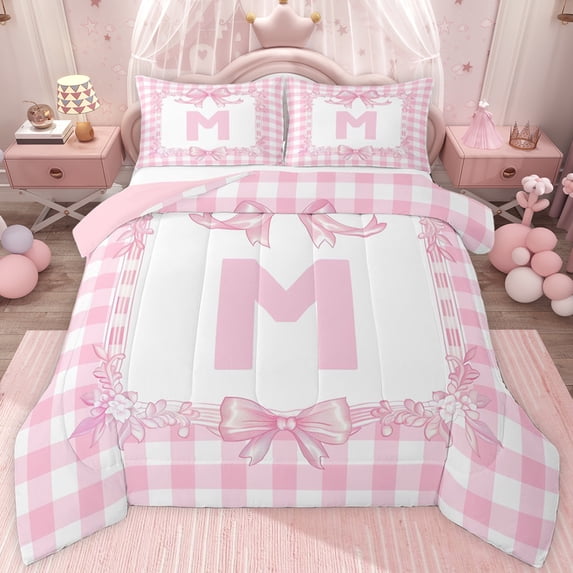 jejeloiu Kawaii Bows Queen Comforter Set,Pink Letter M Bedding Comforter Set For Bowtie Girls Reversible 3-Piece
