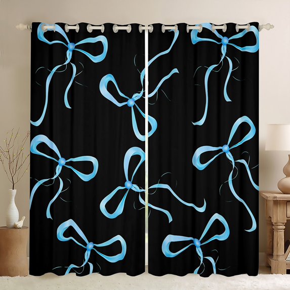 jejeloiu Kawaii Bowtie Black Out Curtains,Cute Bowknot Curtains Pack of 2 (42x63 Each),Blue Black Bedroom Curtains For Girls Teens,Luxury Bedroom Decor