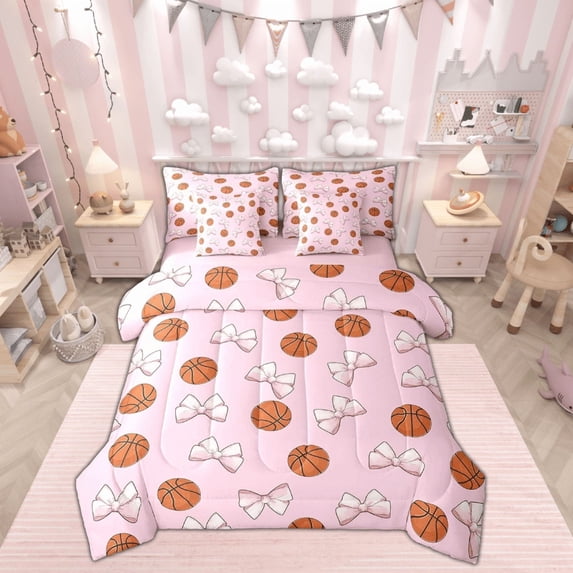 jejeloiu Kawaii Bowtie Bowknot Bedding Comforter Set,7 Pieces,Boys Ball Game Full Bedding Set,Basketball Sport Fitted Sheet Flat Sheet For Child,Microfiber Room Decorative Reversible