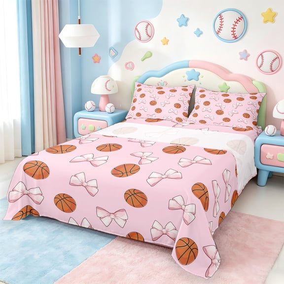 jejeloiu Kawaii Bowtie Bowknot Full Size Sheets,Boys Ball Game Bed Sheets,Basketball Sport Sheet Sets For Child,Microfiber Room Decorative,4pcs