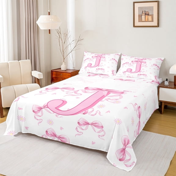 jejeloiu Kawaii Bowtie Bowknot Full Size Sheets,Pink Cartoon Flower Bed Sheets,First Letter J Sheet Sets For Girls,Super Cozy Room Decor,4 Pieces