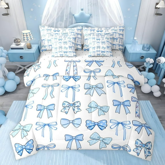 jejeloiu Kawaii Bowtie Cartoon Bow 7-Piece Twin Bedding Sets,Blue White Bedding Comforter Set For Girl Kids Reversible