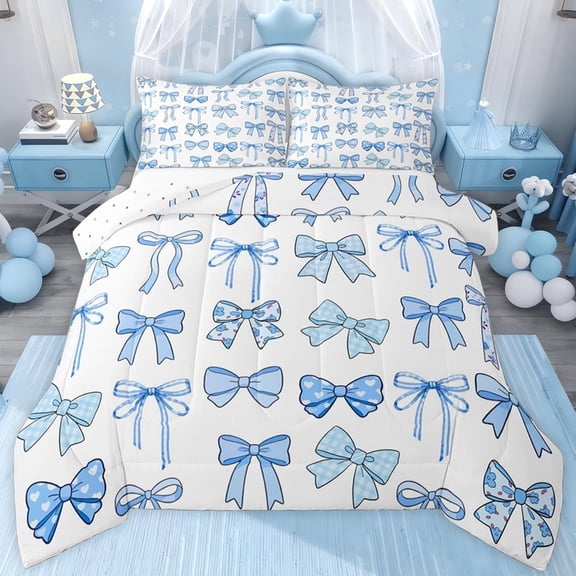 jejeloiu Kawaii Bowtie Cartoon Bow Full Size Comforter Sets,Blue White Bedding Sets For Girl Kids Reversible 3-Piece