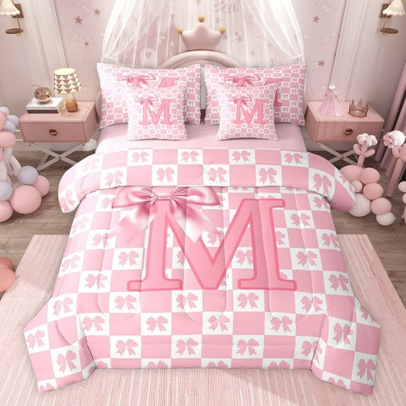 jejeloiu Kawaii Bowtie Plaid 7-Piece Twin Bedding Sets,Pink Letter M Bedding Comforter Set For Bowtie Girls Reversible