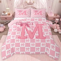 jejeloiu Kawaii Bowtie Plaid Twin Comforter Sets,Pink Letter M Bedding Set For Bowtie Girls Reversible 2pcs
