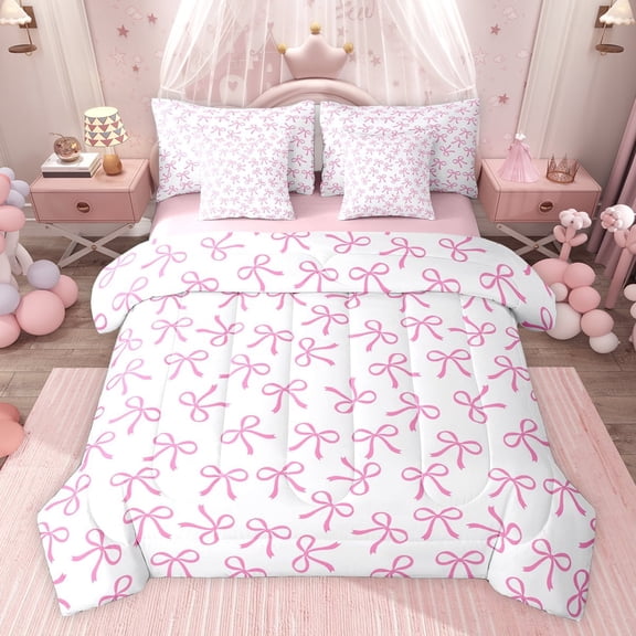 jejeloiu Kawaii Bowtie Ribbon 7-Piece Twin Bedding Sets,Pink Cute Bowknot Bedding Comforter Set For Girls Teens Reversible