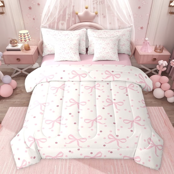 jejeloiu Kawaii Bowtie Ribbon 7pcs Bedding Comforter Set,Cute Polka Dots Queen Bedding Sets,Pink White Queen Sheet Sets For Girls Teens,Luxury Bedroom Decor Reversible