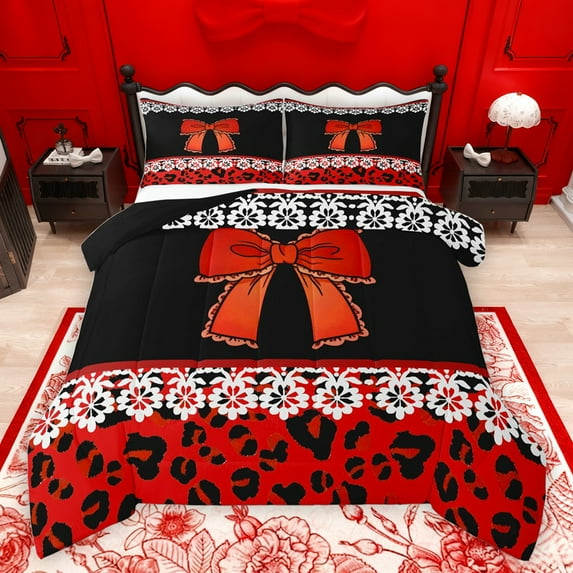 jejeloiu Kawaii Bowtie Ribbon Bedding Comforter Set,Chic Leopard Print Twin Comforter Sets,Red Black Bedding Set For Men Women,Breathable Home Decor Reversible,2pcs