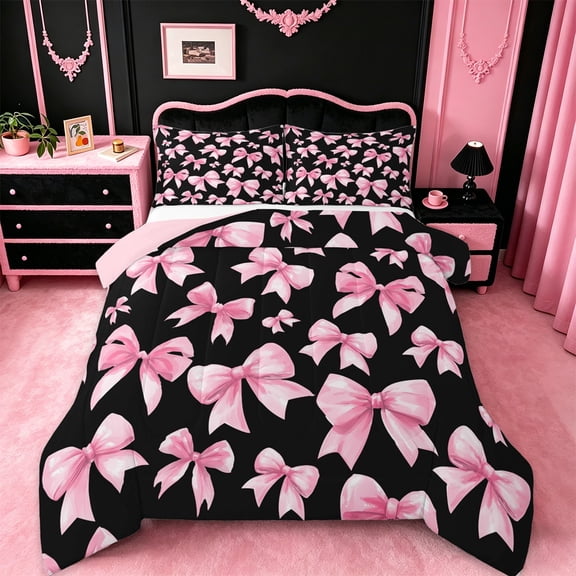jejeloiu Kawaii Bowtie Ribbon Bedding Comforter Set,Cute Bow Bowknot Twin Comforter Sets,Pink Black Bedding Set For Girls Teens,Luxury Bedroom Decor Reversible,2pcs
