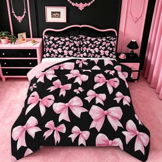 jejeloiu Kawaii Bowtie Ribbon Bedding Comforter Set,Cute Bow Bowknot Twin Comforter Sets,Pink Black Bedding Set For Girls Teens,Luxury Bedroom Decor Reversible,2pcs