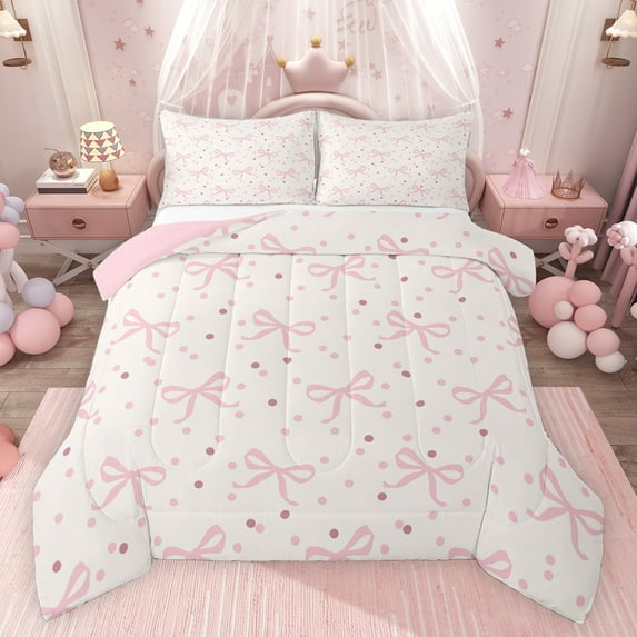 jejeloiu Kawaii Bowtie Ribbon Bedding Comforter Set,Cute Polka Dots Twin Comforter Sets,Pink White Bedding Set For Girls Teens,Luxury Bedroom Decor Reversible,2-Piece