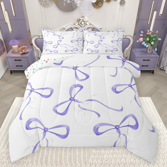jejeloiu Kawaii Bowtie Ribbon Bedding Comforter Set,Lovely Bow Knot Twin Comforter Sets,White Purple Bedding Set For Girls Teens,Luxury Bedroom Decor Reversible,2 Pieces
