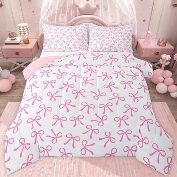 jejeloiu Kawaii Bowtie Ribbon Full Size Comforter Sets,Pink Cute Bowknot Bedding Sets For Girls Teens Reversible 3-Piece