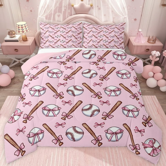 jejeloiu Kawaii Bowtie Ribbon Twin Comforter Sets,Baseball Sport Theme Bedding Set For Girls Kids Reversible 2-Piece