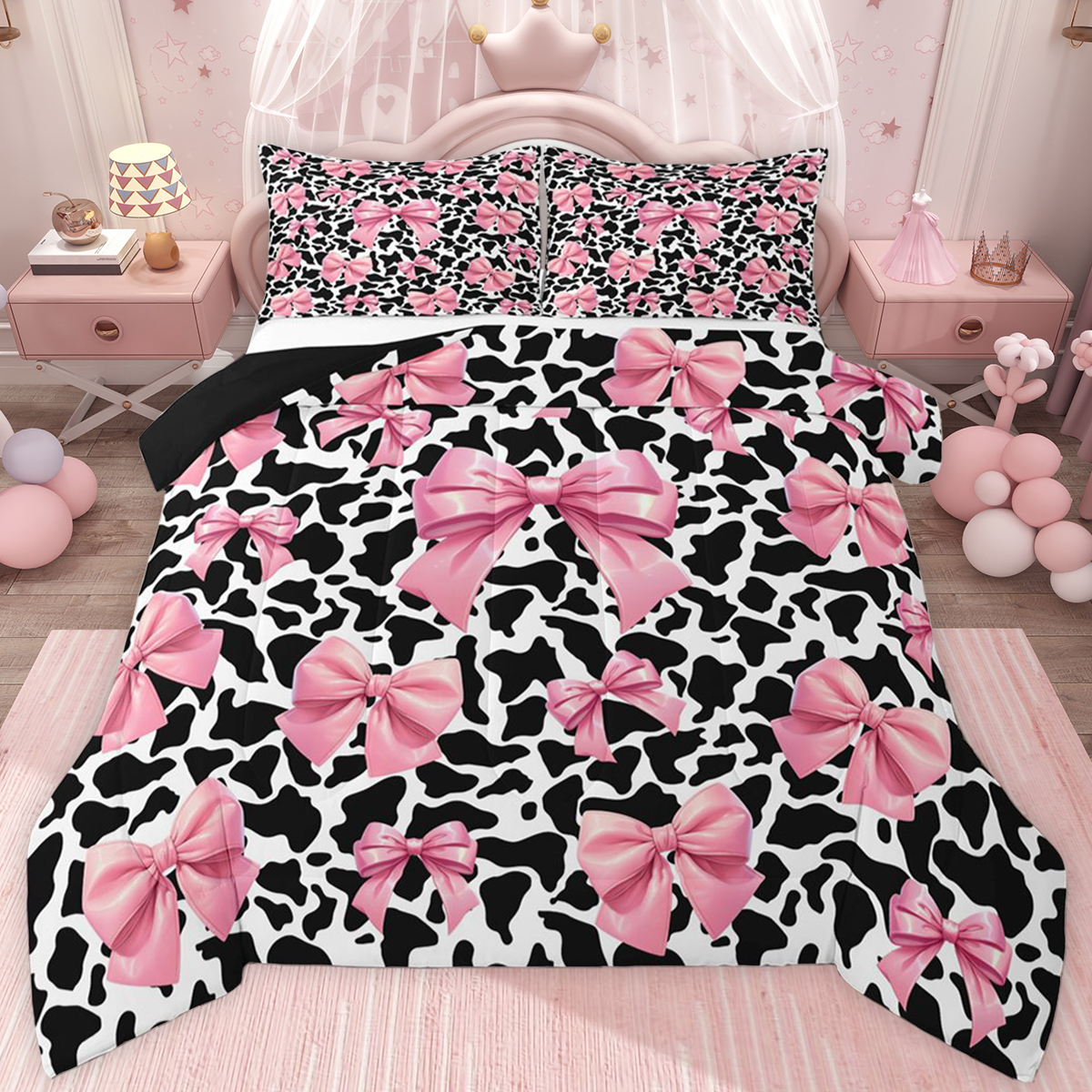 jejeloiu Kawaii Bowtie Ribbon Twin Comforter Sets,Cartoon Cow Pattern ...