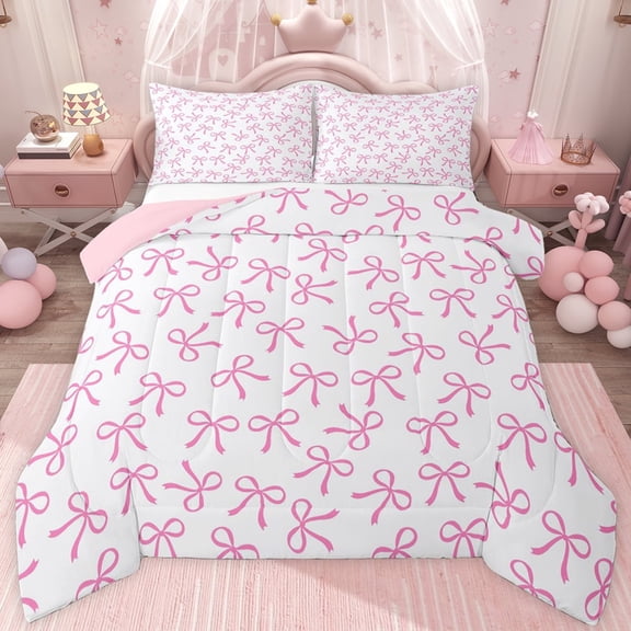 jejeloiu Kawaii Bowtie Ribbon Twin Comforter Sets,Pink Cute Bowknot Bedding Set For Girls Teens Reversible 2pcs