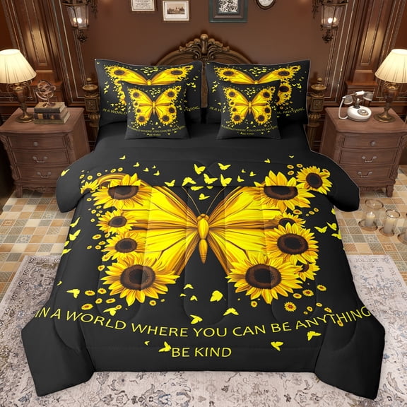 jejeloiu Kawaii Butterfly 7-Piece Bedding Comforter Set,Rustic Flower Sunflower King Bedding Sets,Yellow Black Bed Sheets For Girls Teens,Super Cozy Room Decor Reversible