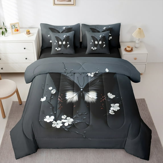 jejeloiu Kawaii Butterfly 7-Piece Twin Bedding Sets,Cute Floral Daisy Bedding Comforter Set,Fairy Tale Theme Sheet Sets For Girls Teens,Ultra Soft Home Decor Reversible