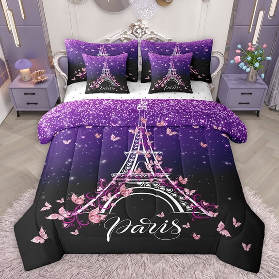 jejeloiu Kawaii Butterfly 7-Piece Twin Bedding Sets,Eiffel Tower Bedding Comforter Set,Pink Purple Black Sheet Sets For Girls Teens,Luxury Bedroom Decor Reversible
