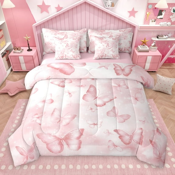 jejeloiu Kawaii Butterfly 7-Piece Twin Bedding Sets,Girls Pink Bedding Comforter Set,Fairy Tale Theme Sheet Sets For Girls Teens,Ultra Soft Home Decor Reversible