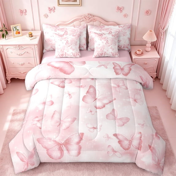 jejeloiu Kawaii Butterfly 7-Piece Twin Bedding Sets,Girls Pink Bedding Comforter Set,Fairy Tale Theme Sheet Sets For Girls Teens,Ultra Soft Home Decor Reversible
