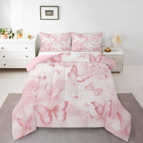 jejeloiu Kawaii Butterfly Bedding Comforter Set,Girls Pink Twin Comforter Sets,Fairy Tale Theme Bedding Set For Girls Teens,Ultra Soft Home Decor Reversible,2 Pieces