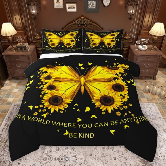 jejeloiu Kawaii Butterfly Bedding Comforter Set,Rustic Flower Sunflower Twin Comforter Sets,Yellow Black Bedding Set For Girls Teens,Super Cozy Room Decor Reversible,2 Pieces