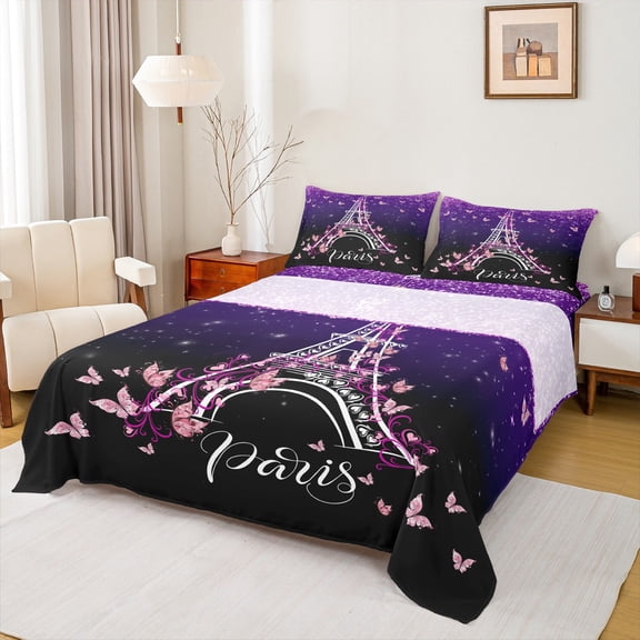jejeloiu Eiffel Butterfly Queen 4-Piece Reversible Teen Girls Luxury Floral Sheet Set