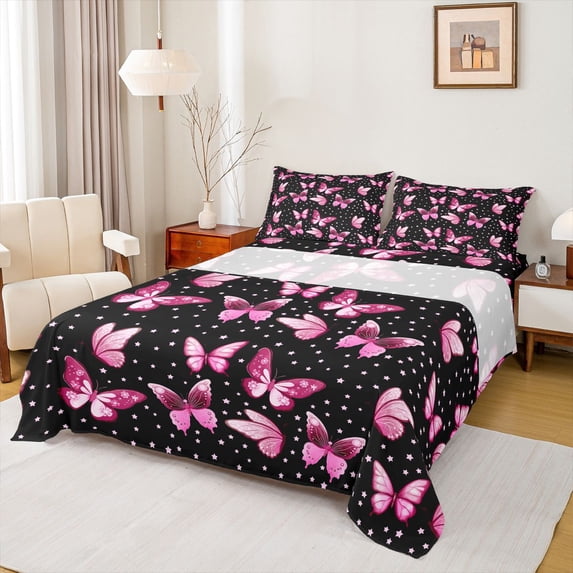 jejeloiu Kawaii Butterfly Twin Sheet Sets,Cute Cartoon Stars Twin Fitted Sheet,Pink Black Flat Sheet For Girls Teens,Super Cozy Room Decor,3 Pieces
